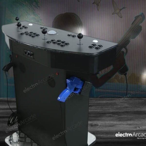 Premium arcade shooter with light gun and joystick controls for gaming.