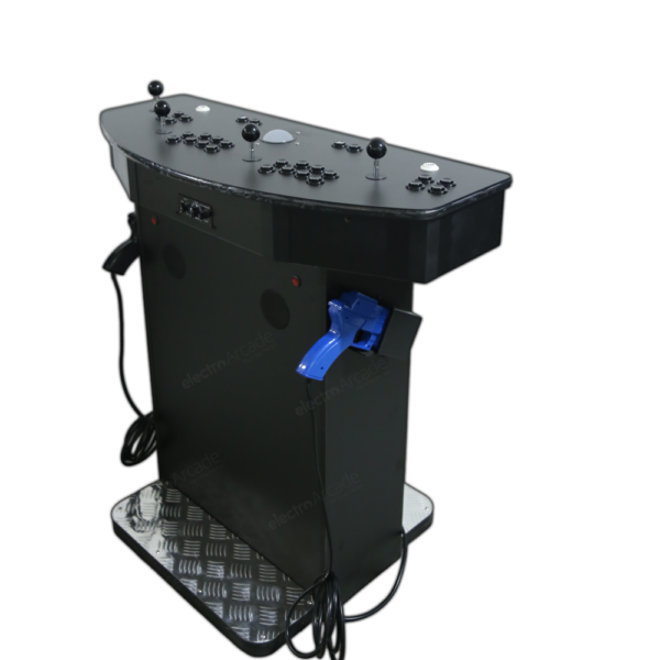 Premium arcade shooter with light gun and joystick controls for gaming.