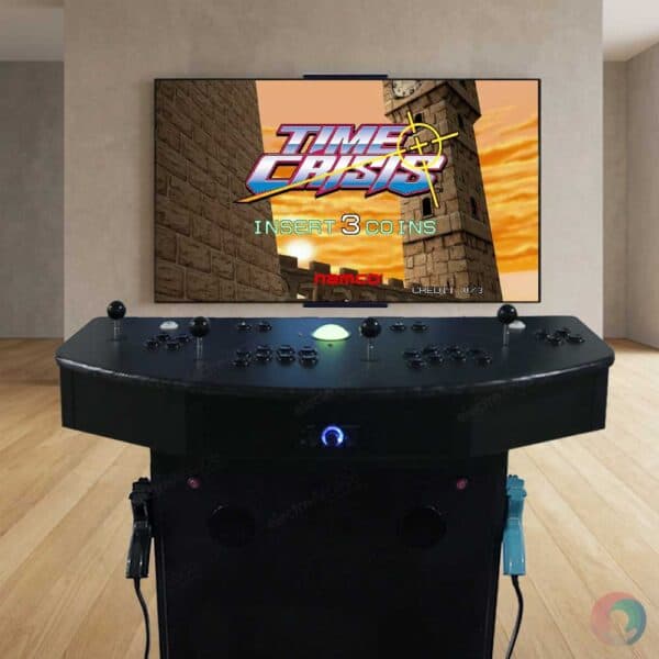 Arcade shooter game on a premium light gun arcade machine with a large screen.