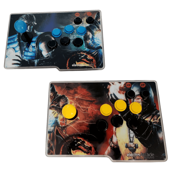 Two arcade controllers with Mortal Kombat themed artwork for TV gaming.