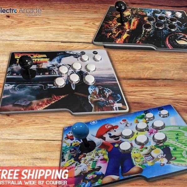 Three arcade controllers with colorful designs for TV gaming.