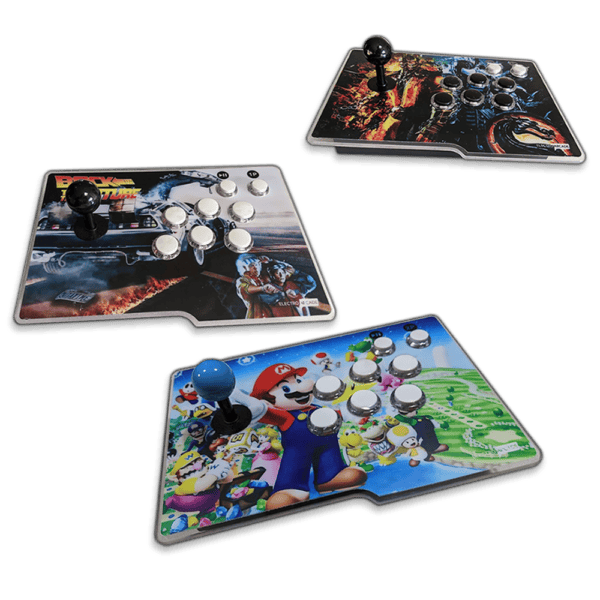 Three colorful arcade controllers with different game themes for TV gaming.