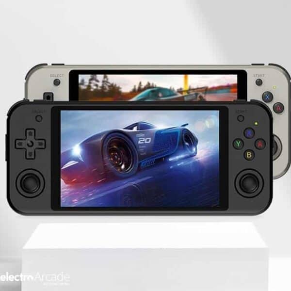 Portable gaming device with dual screens and game controller buttons.