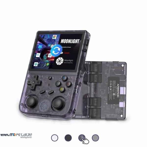 Portable gaming device with 3.5-inch touchscreen and GB-inspired design.