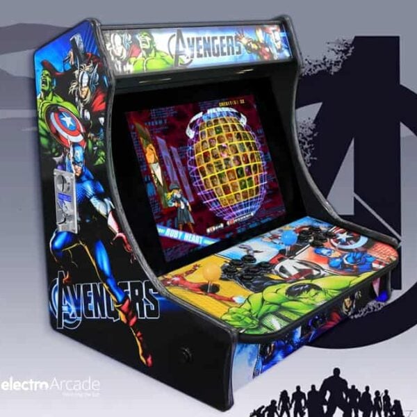 Retro arcade machine with Avengers and Marvel characters design.