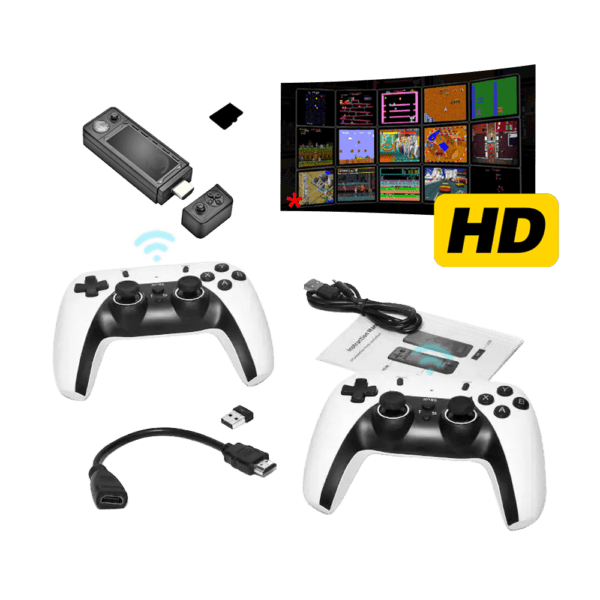 Retro gaming console with HDMI stick, controllers, and game screen display.
