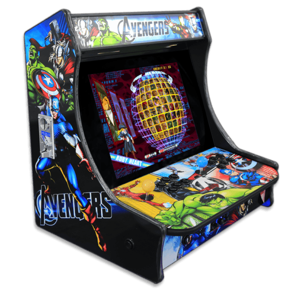 Colorful Avengers-themed mini arcade machine with screen and controls.