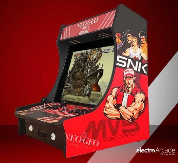 Retro arcade machine with SNK and Neo Geo branding, featuring a colorful design and game screen.