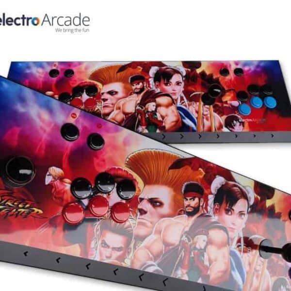 Retro arcade game console with colorful artwork, multiple buttons, and TV connectivity.