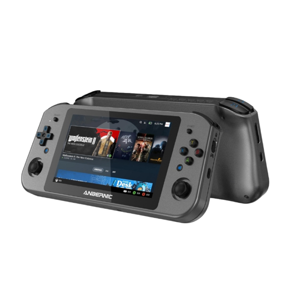 Portable gaming console with dual screens and game interface.