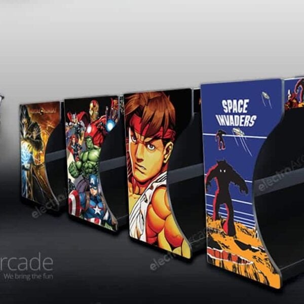 Arcade game cabinet featuring space-themed and superhero games at Electro Arcade.
