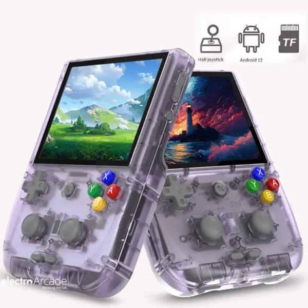Transparent handheld gaming console with 4" IPS touchscreen and colorful buttons.