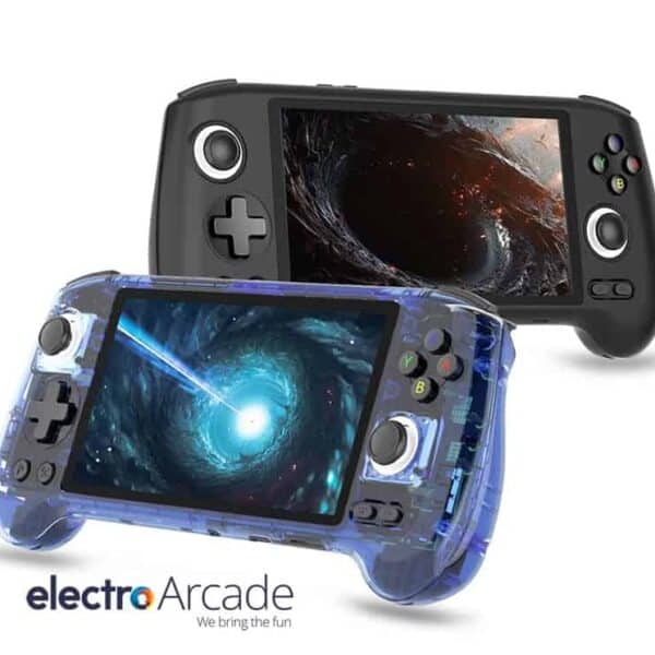 Two handheld gaming consoles with vibrant screens and ergonomic design.