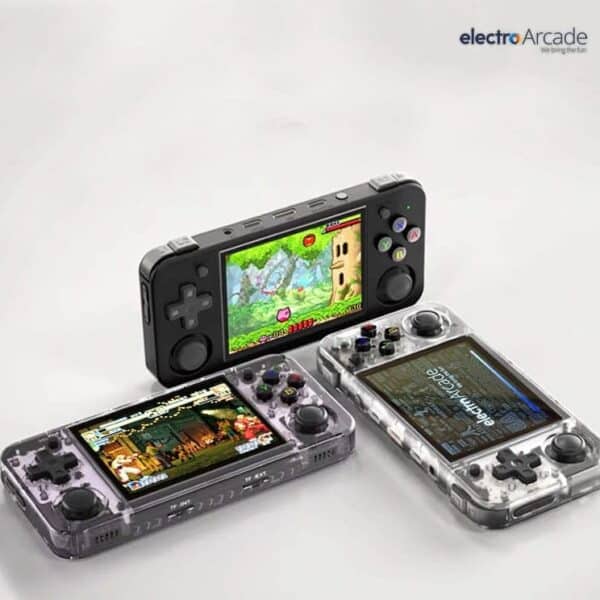 Three transparent handheld gaming consoles with colorful screens on a white background.