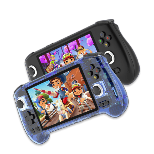 Colorful handheld gaming consoles with animated game screens displayed.