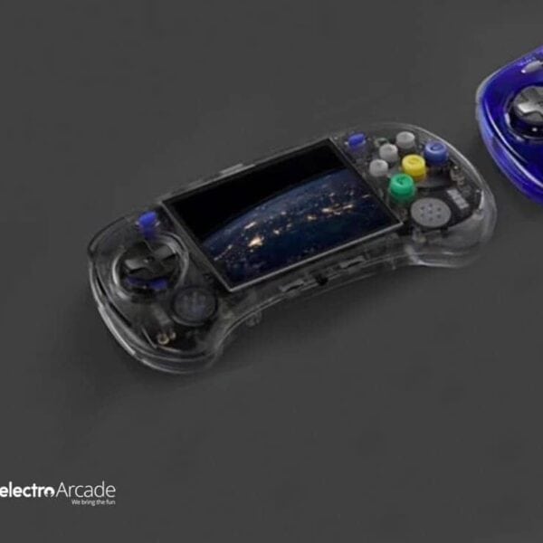 Anbernic ARC-S 4" IPS Sega style gaming handheld with transparent casing and colorful buttons.