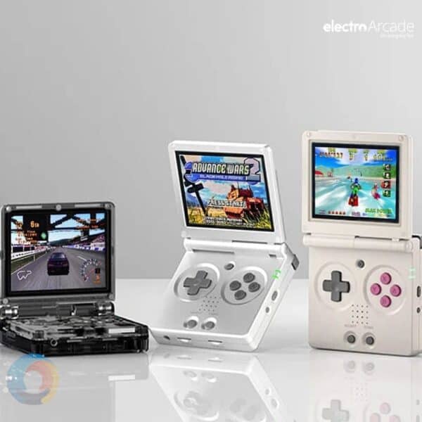 Three handheld gaming consoles with colorful screens on a white background.