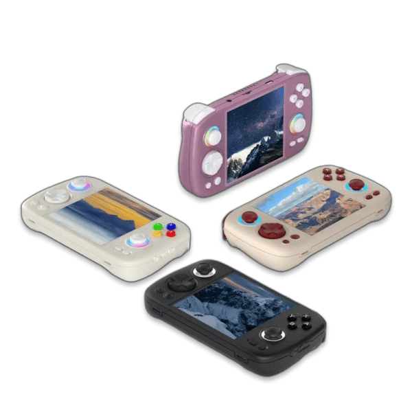 Colorful handheld gaming consoles with large screens and control buttons.