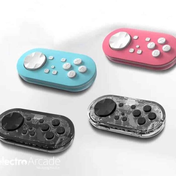 Colorful 2-in-1 Bluetooth gamepad controllers in pink, blue, and black with transparent casing.
