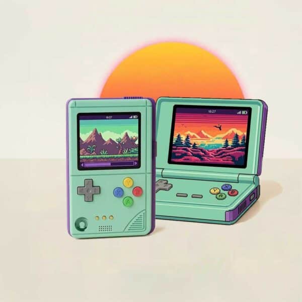 Retro handheld gaming consoles with pixel art screens on a white background.
