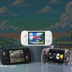 Handheld gaming consoles with colorful screens and game graphics.