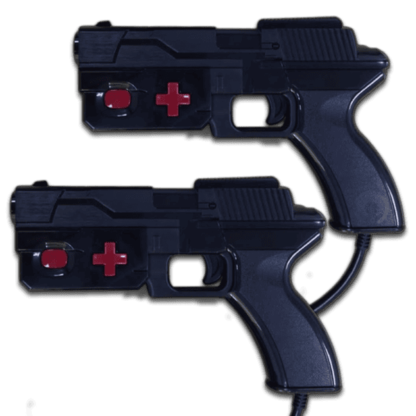 Two black lightgun controllers with red cross buttons for arcade gaming.