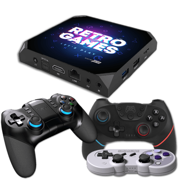 Home 38 Retro gaming console with controllers for classic arcade games.