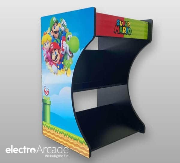 Arcade machine stand featuring Super Mario characters for mini arcade gaming setup.