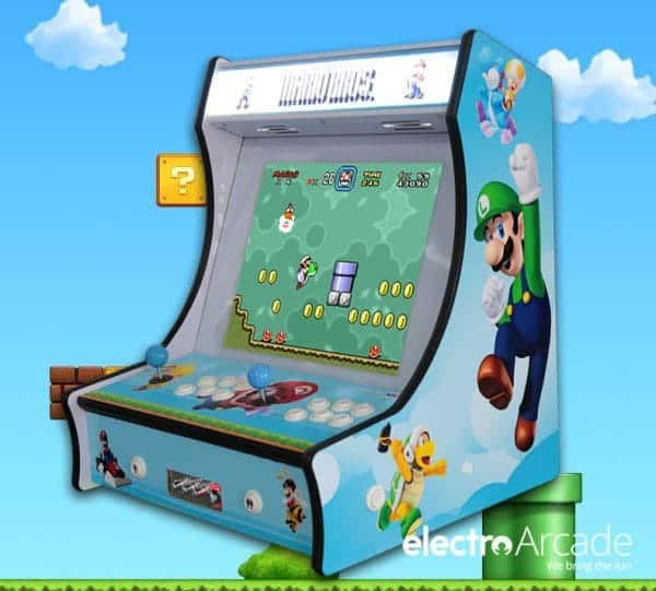 Arcade machine featuring classic Mario and Luigi characters, perfect for gaming enthusiasts.