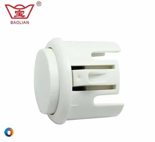 White 30mm Baolian arcade buttons with push-lock-in mechanism for gaming machines.