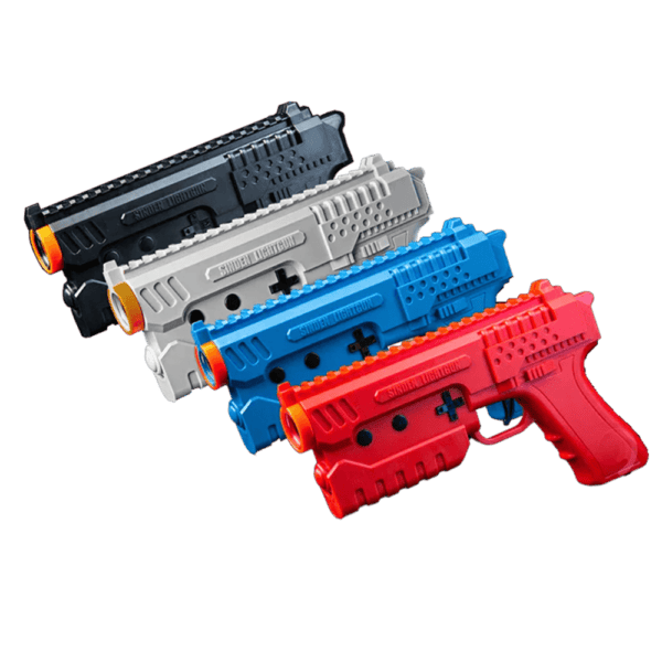 Set of four colorful toy guns in black, white, blue, and red for arcade gaming.