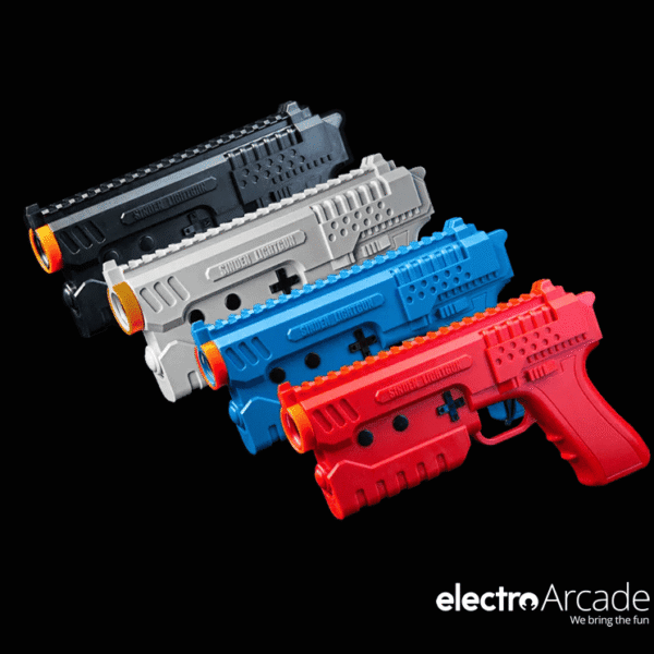 Set of four toy guns in black, gray, blue, and red for arcade gaming.