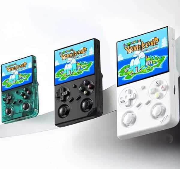 Compact Anbernic RG35XX Pro gaming device with 3.5-inch IPS screen and dual analog controls.