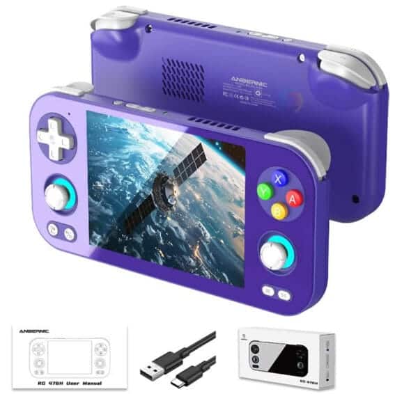 Handheld gaming console with 4.7-inch IPS touchscreen and Android OS.