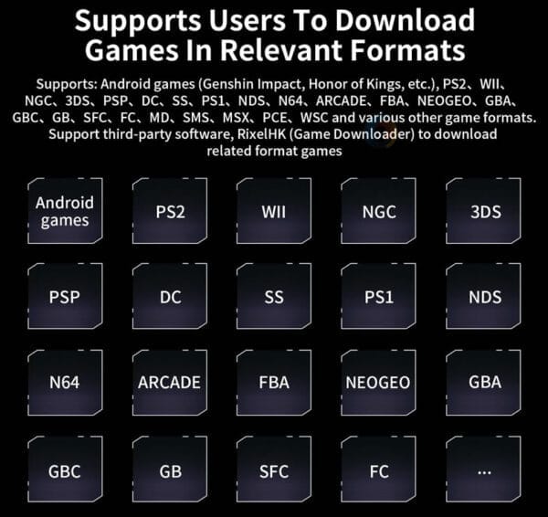 Handheld gaming console with 4.7-inch IPS touchscreen, Android OS, ideal for retro gaming.