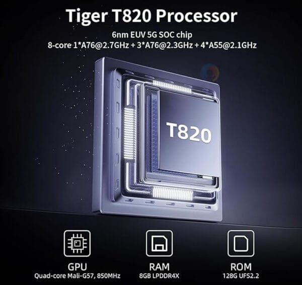 High-performance Tiger T820 processor with advanced GPU and RAM.