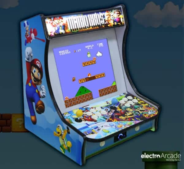 Compact arcade game machine with classic Mario and Super Mario Bros. graphics.