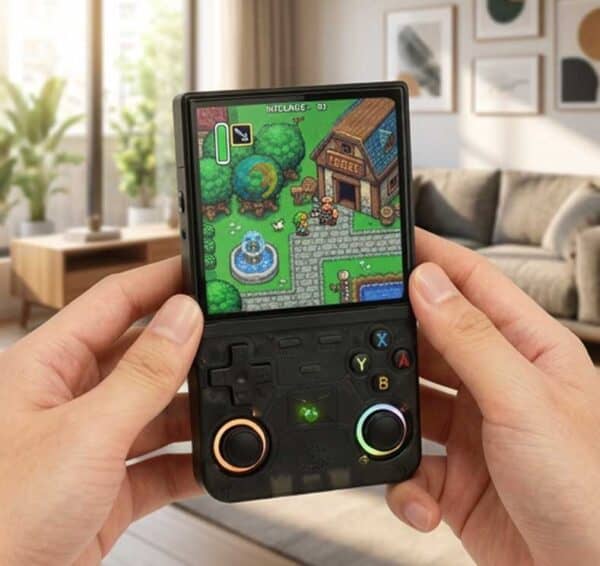 R36 Ultra handheld held in two hands, playing a pixel-art adventure in a lounge room