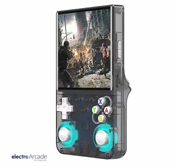 Handheld gaming device with retro design and IPS screen for arcade-style gameplay.