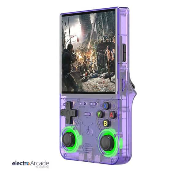 Handheld gaming device with 4" IPS screen and retro design.