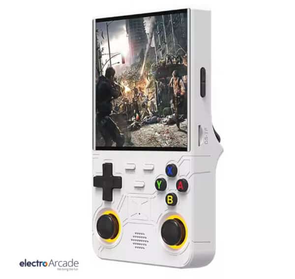 Retro handheld gaming device with 4" IPS screen and modern design.
