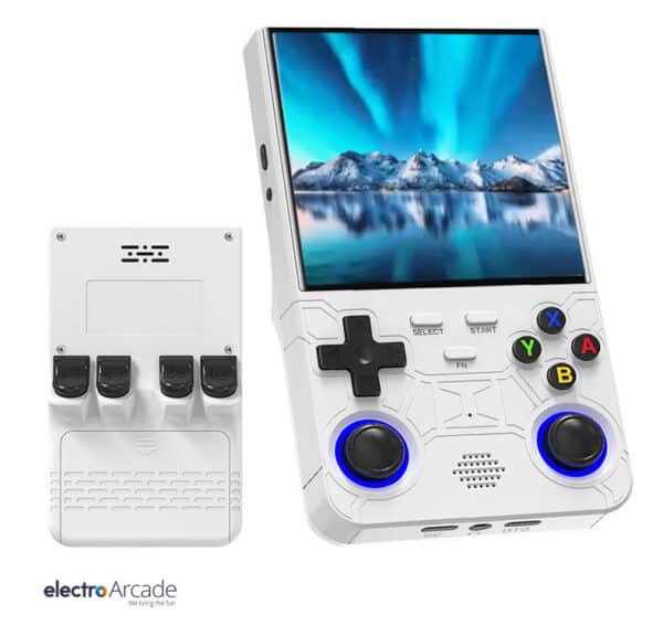 Retro handheld gaming device with 4" IPS screen and classic controls.