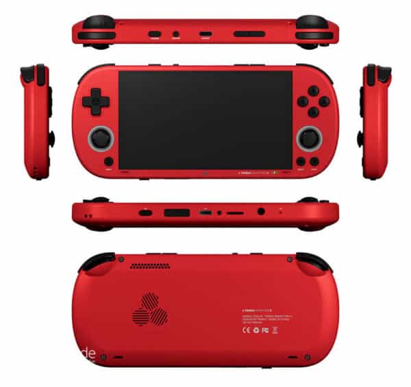 Red Trimui Smart Pro S handheld gaming device for portable entertainment.