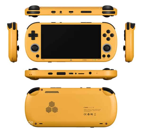 Yellow Trimui Smart Pro S handheld gaming device with screen and controls.