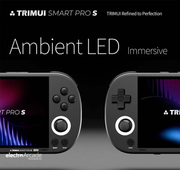Trimui Smart Pro S handheld gaming device with ambient LED lighting.