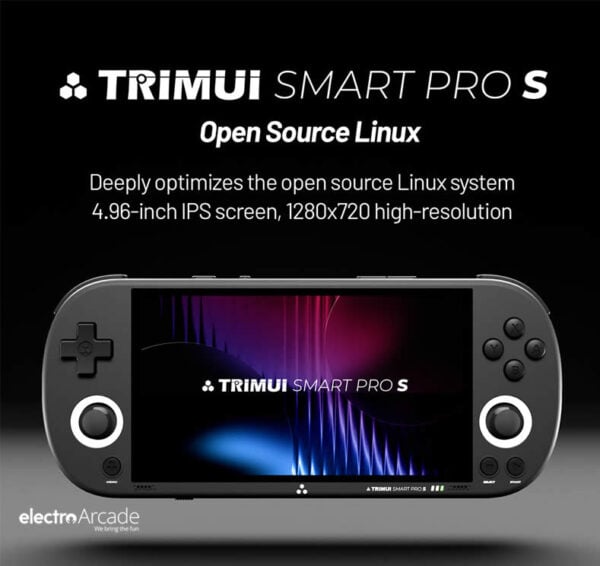 Trimui Smart Pro S handheld gaming console with open source Linux system.