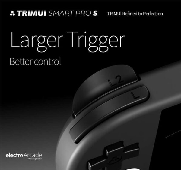 Close-up of the larger trigger on the Trimui Smart Pro S handheld device.