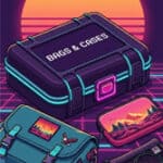 Retro gaming console and accessories with neon sunset background.