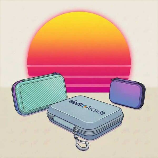 Electro Arcade travel cases with colorful backgrounds and sunset design.