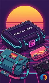 Retro gaming console and accessories with neon sunset background.